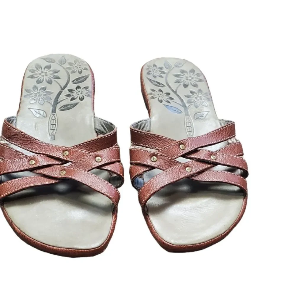 Keen Brown Leather Slide Sandals